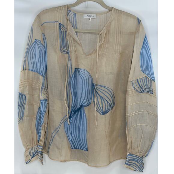 Lafayette 148 Eliza Dune & Light Blue Leaf Print Peasant Blouse | Size XS - Picture 3 of 8